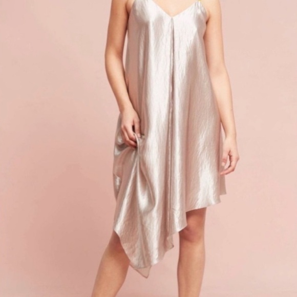 ANTHROPOLOGIE FLORET WOMEN SLIP DRESS X-S SILVER SATIN ASYMMETRICAL SLEEVELESS - Picture 3 of 9